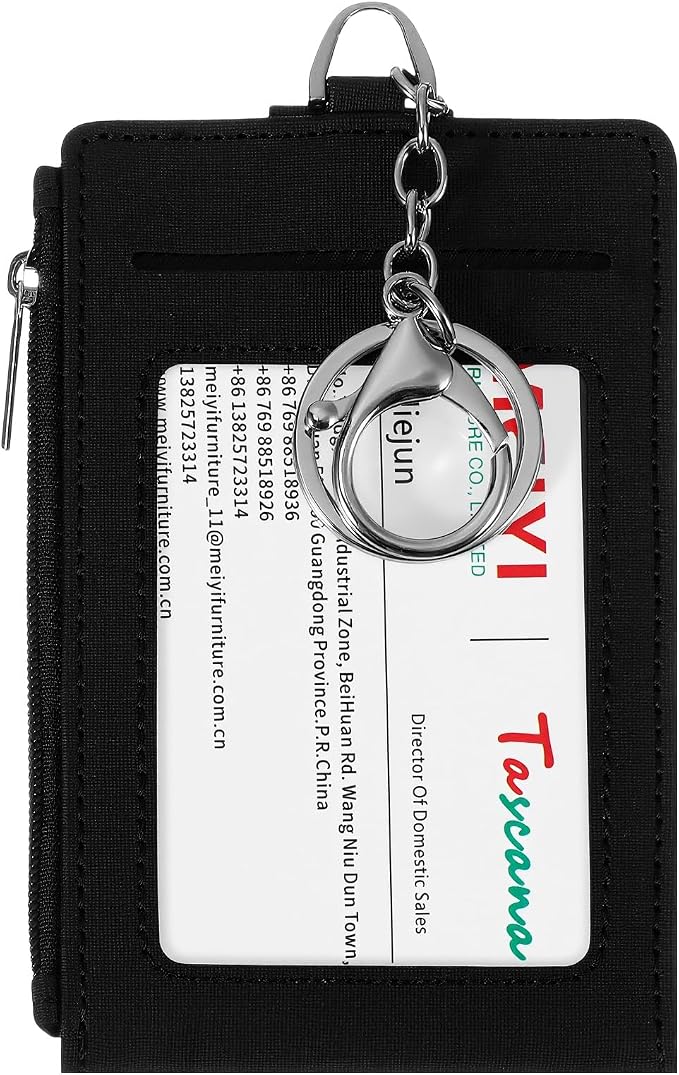 Slim Keychain Card Holder for Men, Black Zipper Slim Minimalist Wallet with Id Window Front Pocket Keychain Card Holder for Men & Women