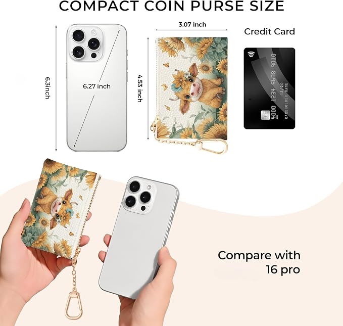 Highland Cow Cattle Keychain Coin Purse for Women, Small PU Leather Change Pouch, Zipper Little Tiny Travel Wallet for Girls, Cute Kawaii Zip Pocket Coin Holder with Key Ring