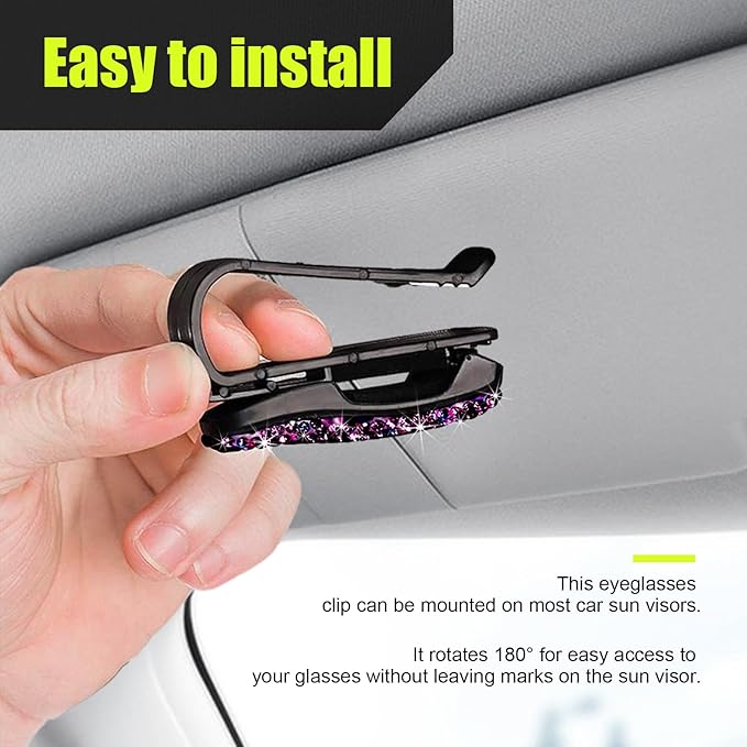 Dickno 2 PCS Bling Sunglasses Holder for Car Sun Visor, Crystal Rhinestones Eyeglasses Hanger Mount with Ticket Card Clip, Universal Vehicle Visor Decor Accessories for Women (Purple & Multicolour)