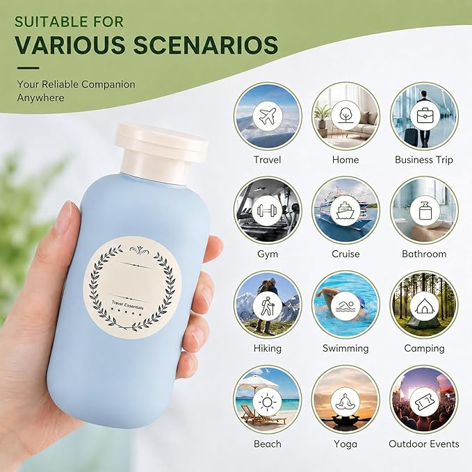 METAPACK 4Pack 6.8oz Travel Shampoo Bottles with Labels, Refillable Travel Bottles, Flip Top Squeeze Bottles, Portable Plastic Toiletry Containers for Lotion, Conditioner & Body Wash(grey, blue)