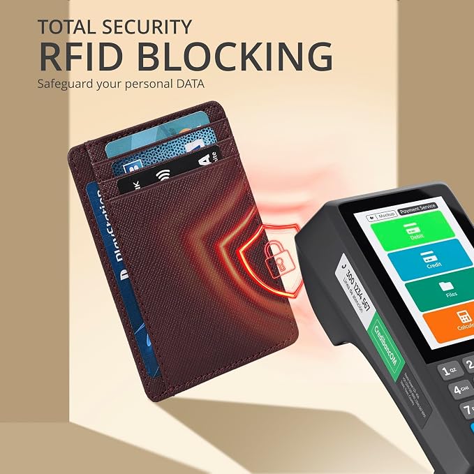 Real Leather Slim Minimalist Wallet for Men and Women -RFID Blocking Front Pocket Thin Credit Card Holder Stylish Wallets (Berry)