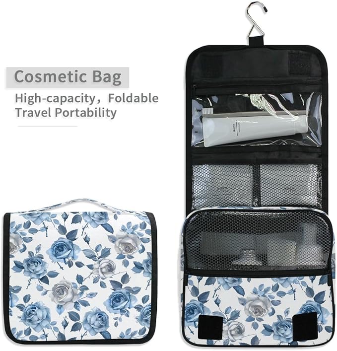 senya Hanging Travel Toiletry Bag Cute Kit Makeup Case Cosmetics Organizer for Men Women (Roses Blue White Pedals)