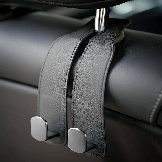 Jayanes Genuine Leather Car Seat Hooks for Headrest - Flexible Car Seat Back Storage Hook for Purses and Bags, Upgraded Car Purse Hook Holder Hanger Organizer for Head Rest (Black-1 Pack)