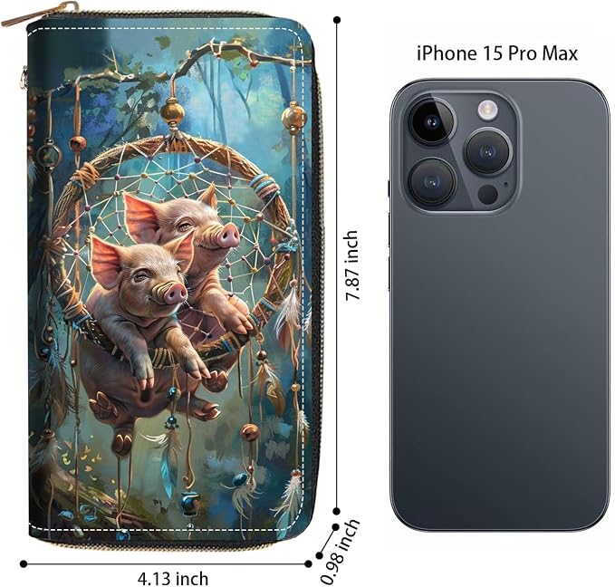 Women's Large Capacity Wallet PU Leather Zip Around Clutch Purse Multifunctional Wallet with Removable Wristlet Strap for Smart Phone/Coin/Card/Cash, Dream Catcher Pig