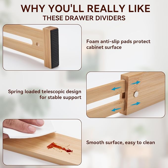 Drawer Dividers,Kitchen Drawer Organizer,2 Pack 17.3''-22'' Adjustable Bamboo Drawer Dividers