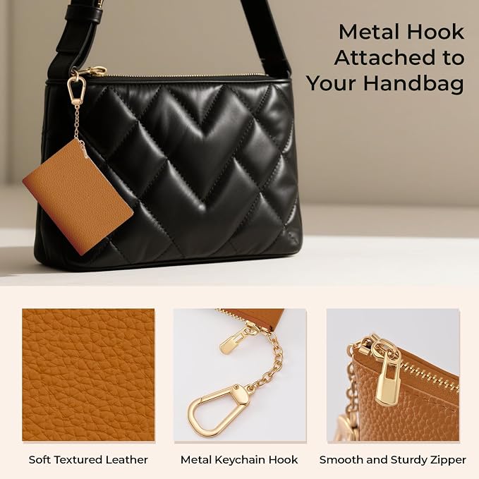 Brown Keychain Coin Purse for Women, Small PU Leather Change Pouch, Zipper Little Tiny Travel Wallet for Girls, Cute Kawaii Zip Pocket Coin Holder with Key Ring