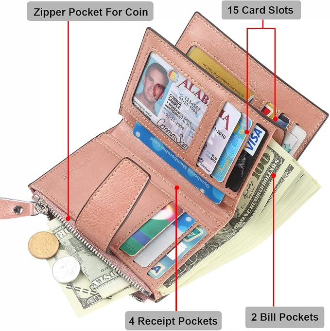 Lavemi Small Compact Women Wallet RFID Blocking Genuine Leather Bifold Purse with ID Windows