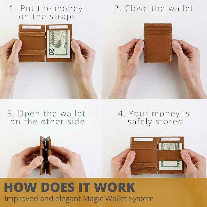 GARZINI Magic Wallet with Pull-Tab, Minimalist Wallet with RFID card holder, Leather Wallet for 12 cards, Java Brown