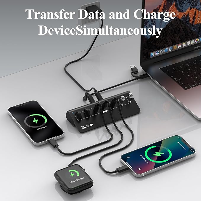 USB C Hub,USB Hub Powered with 5V 3A Power Adapter, 10Gbps USB Splitter with 4 USB-A and 3 USB-C Ports, 7-Port Type C Multiport Adapter for MacBook Air/Pro, iPhone 16/15, Laptop and More(Black)
