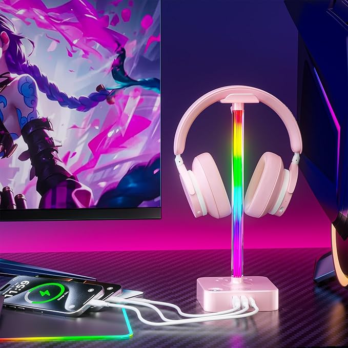 cozoo Gifts for Teen Girls Cute Pink RGB Headphone Stand & Charging Station, 3 USB 2 AC Outlets - Stylish Gaming Headset Holder, Desk & Game Room Decor, Christmas Gifts for Girlfriend, Women, Gamers