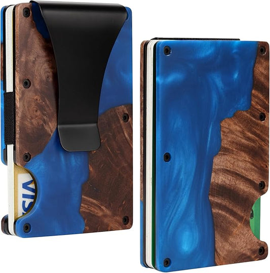 Slim Wallet for Men,RFID Blocking Minimalist Metal Wallet, Money Clip/Cash Holder, Front Pocket Aluminum Credit Card Holder, Ideal Gift for Men,Resin Dark Blue Wood