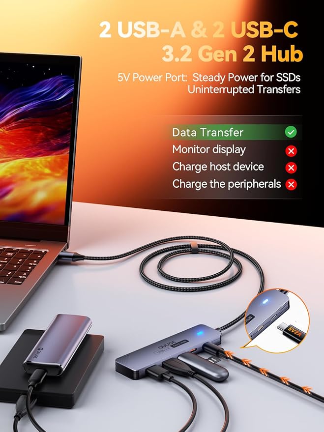 USB 3.2 Hub, QUUGE 5-in-1 USB Splitter with 2 USB-A & 2 USB-C 10Gbps, USB Multiport Adapter with A to C Adapter, 120cm Nylon Cable, 5V 2A Type-C Power Port for MacBook iMac Laptop PC Flash Drives HDD
