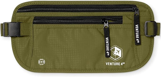 VENTURE 4TH Money Belt for Travel – Hidden Under-Clothes RFID Blocking Passport Holder & Slim Travel Wallet Pouch for Men & Women to Protect Cash, Cards & Documents (Green)