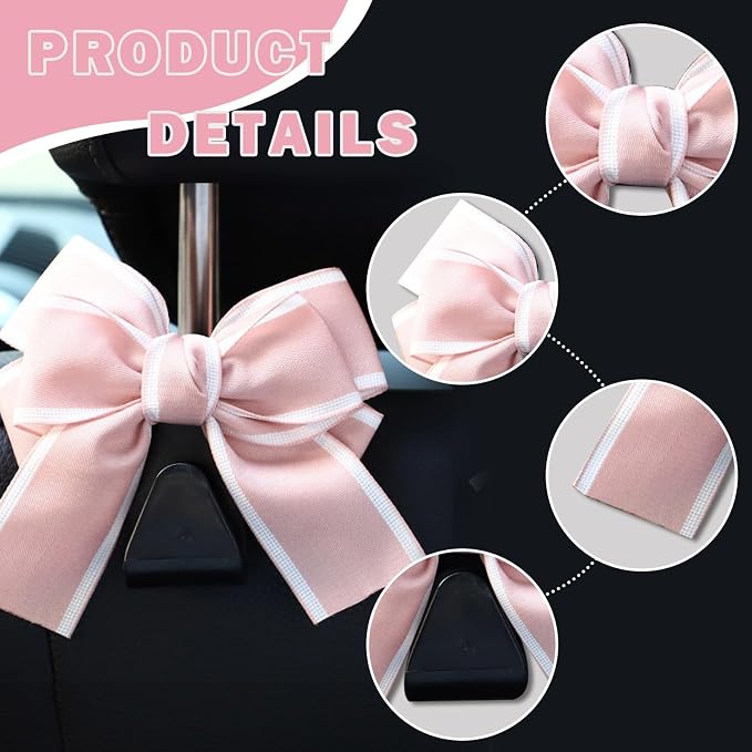 2PCS Car Seat Headrest Hooks, Cute Bow Vehicle Rear Seat Bracket Hook for Purses and Bags, Automotive Purse Hook Hanger, Universal for SUV, Sedan, Truck (Pink+White)