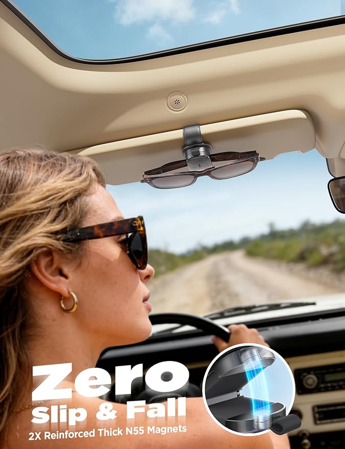 Sunglass Holder for Car, Chfeila 360° Rotating & One-Hand Operation Magnetic Glasses Clip, Leather Sun Eyeglass Visor Orgazizer, Scratch-Free Eyewear Hanger for Car Accessories Gadgets - Charcoal Gray