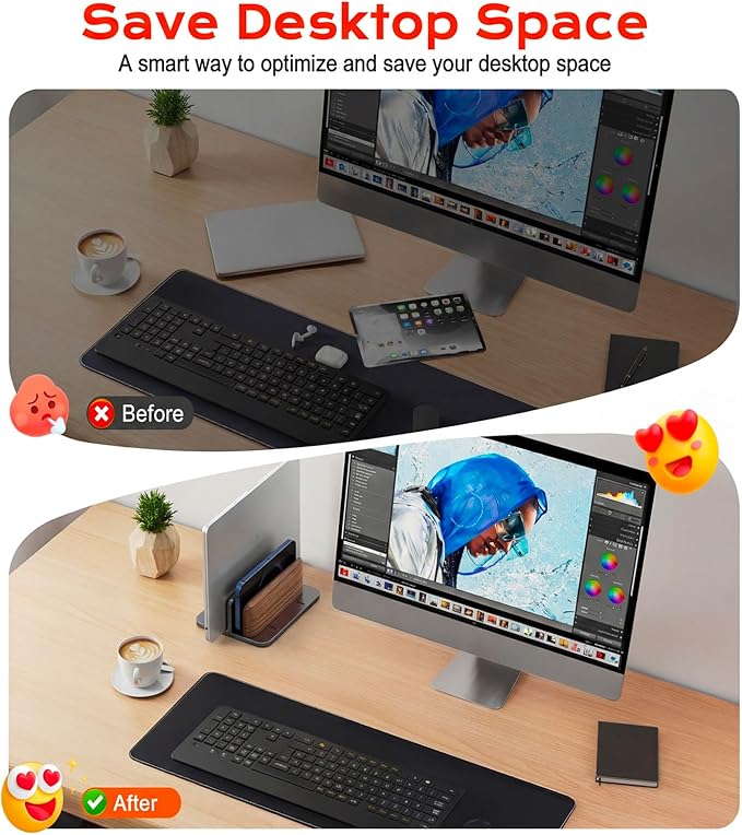 JCZT Vertical Laptop Stand, Walnut Dual Laptop Holder with Adjustable Aluminum Alloy Base Laptop Stand Compatible with All MacBok/Surface/Samsung/HP/Dell/Chrome Book (Black)