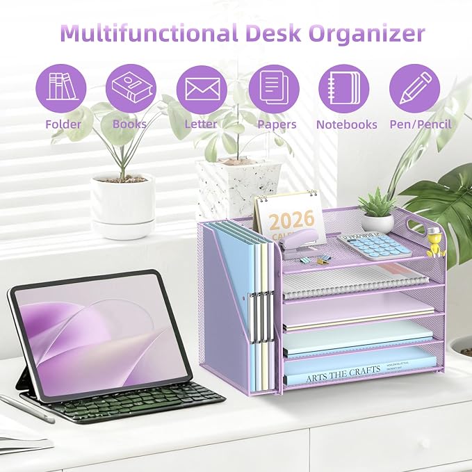 SUPEASY 5-Tier Desk Organizer with File Holder, Desk Organizers and Accessories, Paper Organizer for Desk, Mesh Desktop File Organizer, Workspace Organizers for Office School Home, Purple