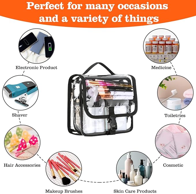 Clear Toiletry Bag with TSA Liquids Travel Bag, Hanging Travel Transparent Makeup Cosmetic Organizer, Waterproof Carry On Airline 3-1-1 Compliant Bag Quart Sized Luggage Pouch (Black-Clear)