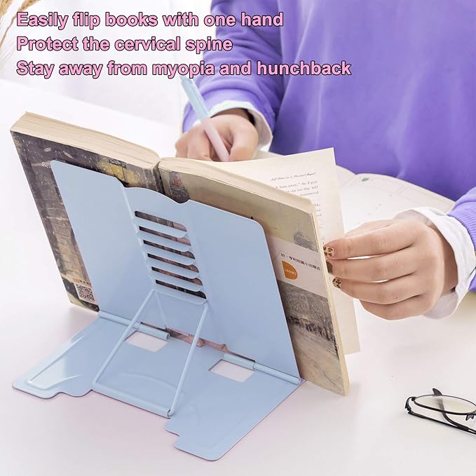 MSDADA Desk Book Stand Metal Reading Rest Book Holder Adjustable Cookbook Documents Holder Bookstands for Recipes Textbook Music Books, the First Day of School Gift for Students, Teachers (Light Blue)