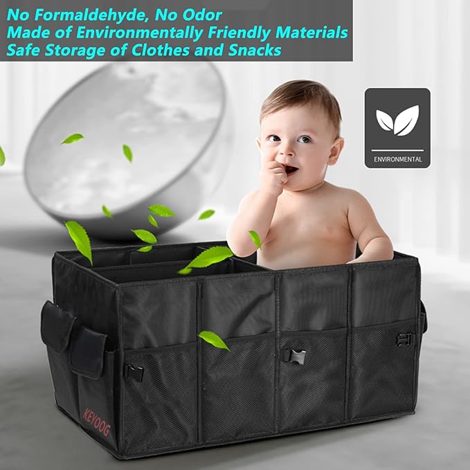 KEYOOG Sturdy Car Trunk Organizers and Storage, Waterproof Durable Collapsible Multi-Heavy Duty, Non-Slip Bottom & Adjustable Securing Straps - for Car, SUV, Truck, or Van (3 Compartments, Black)