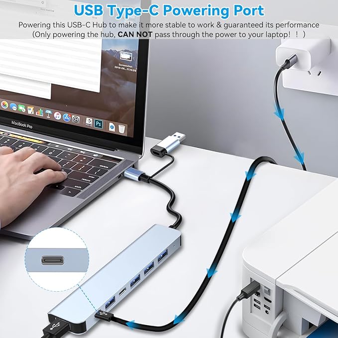 USB C Hub USB Hub Aluminum 7 in 1 USBC Dock with USB3.0 & USB2.0 Ports Extender Multiport Adapter for PC/Laptops/MacBook Pro/Air/iMac/iPad and More Devices