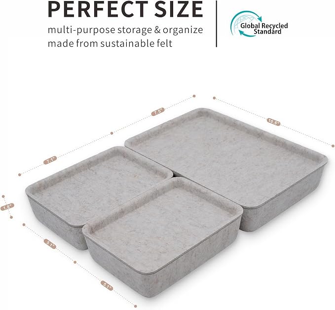 Welaxy Oatmeal Lidded Felt Drawer Organizers 3pc Office Makeup Storage Box