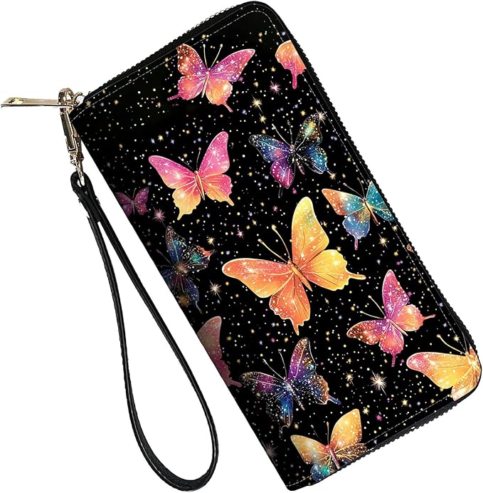 RFID Blocking Leather Wallet for Women – Large Capacity Zip Around Clutch with 8 Card Slots,23 Cash Pockets & Coin Zipper,Colorful Butterfly Art