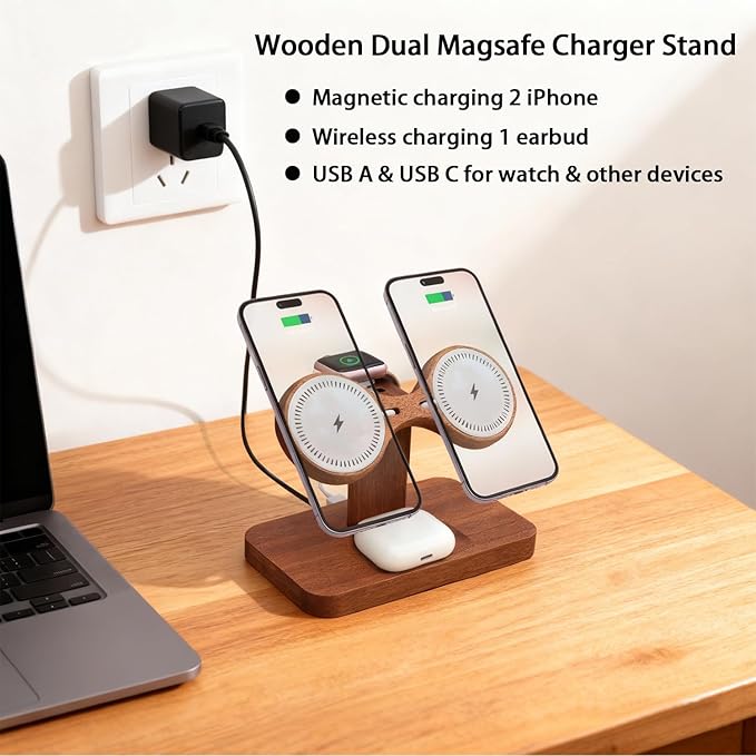 Dual Phone Charging Station Compatible with Magsafe Charger Stand Magnetic Wireless Charger for iPhone 17 16 15 14 13 12 Series iWatch AirPods Wireless Charging Station for Multiple Devices