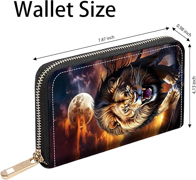 Lion Under The Moon Print Women Large Capacity PU Leather Zip Around Wallet, Multifunctional Clutch Purse for Cash/Card/Coin/Smart Phone