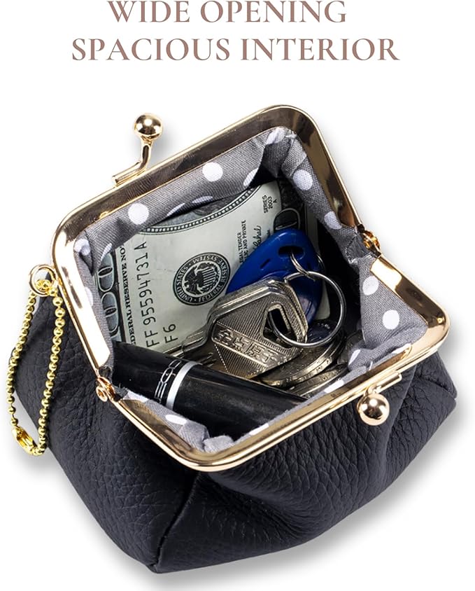 Genuine Leather Coin Purse for Women, Cute Mini Lipstick Holder Case, Small Vintage Kiss Lock Jewelry Storage Organizer Change Bag Pouch (Black)