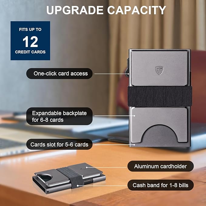 TOYFID Slim Pop Up Wallets,Men's Front Pocket Card Holder with RFID Blocking Expandable Backplate & Cash Band Aluminum Minimalist Wallet Gift for Boyfriend/Dad/Friends Holds 12+ Cards,Grey