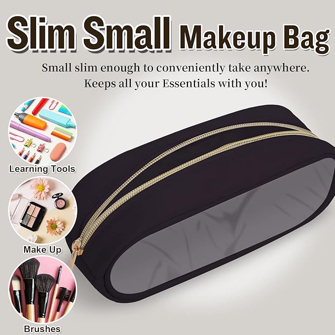 Nylon Small Clear Makeup Bag Slim Pencil Pouch, Cute Pencil Case Black Makeup Bag Preppy Cosmetic Zipper Pouch for Purse, Waterproof Travel Toiletry Bag Coin Pouch Make Up Organizer for Women(Brown)
