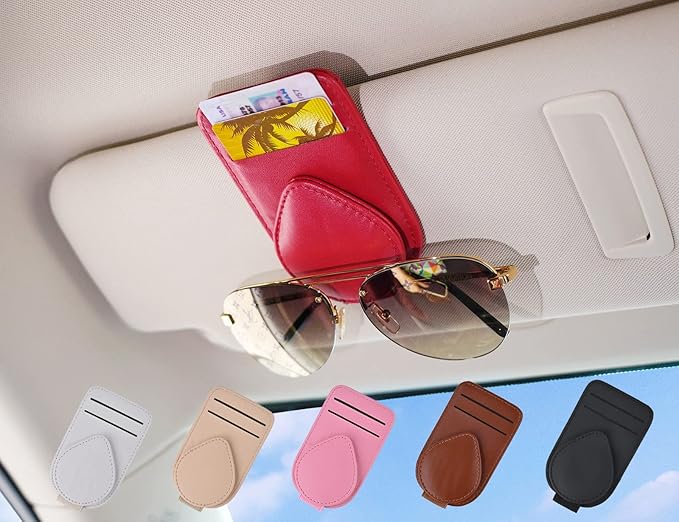 Sunglass and Card Holder for Car Visor, 2 Card Slots Visor Glasses Clip, Strong Magnetic Visor Holder, Visor Accessories for Cars SUV((Red 1Pc)