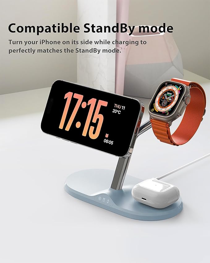 3-in-1 Wireless Charging Station for Apple Devices - Fast Charging Station for iPhone and Watch, Stable Charger Stand for iPhone 12-15 & iPhone 16 & iWatch & AirPods, Adapter Not Included