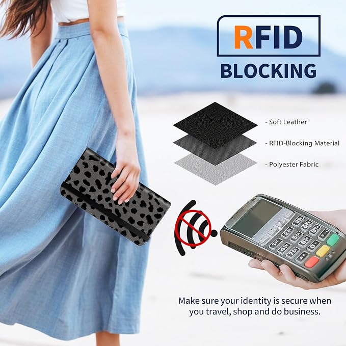 Premium PU Leather Checkbook Cover for Men & Women,RFID Blocking Slim Check Book Holder with Duplicate Check Divider & Pen Holder,Fits Standard Personal Checks,Black Leopard Print