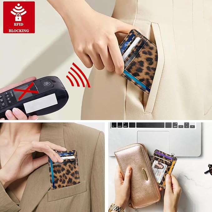 Coco Rossi Slim Front Pocket Wallet RFID Leather ID Card Holder Cute Small Wallet with Keychian for Women,Brown Leopard