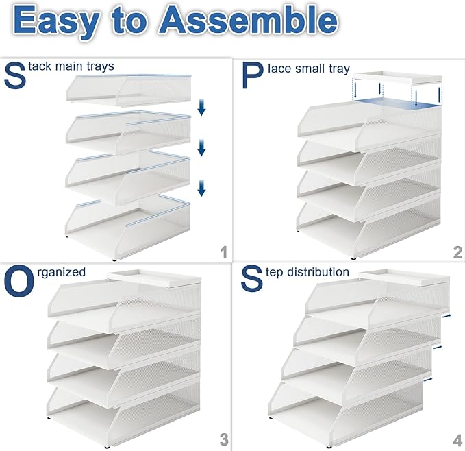Natwind 4-Tier Stackable Paper Tray, Metal Mesh Desktop Organizer, Paper Sorter, Letter Trays,File Document Storage Rack for for Home, Office, School (White)