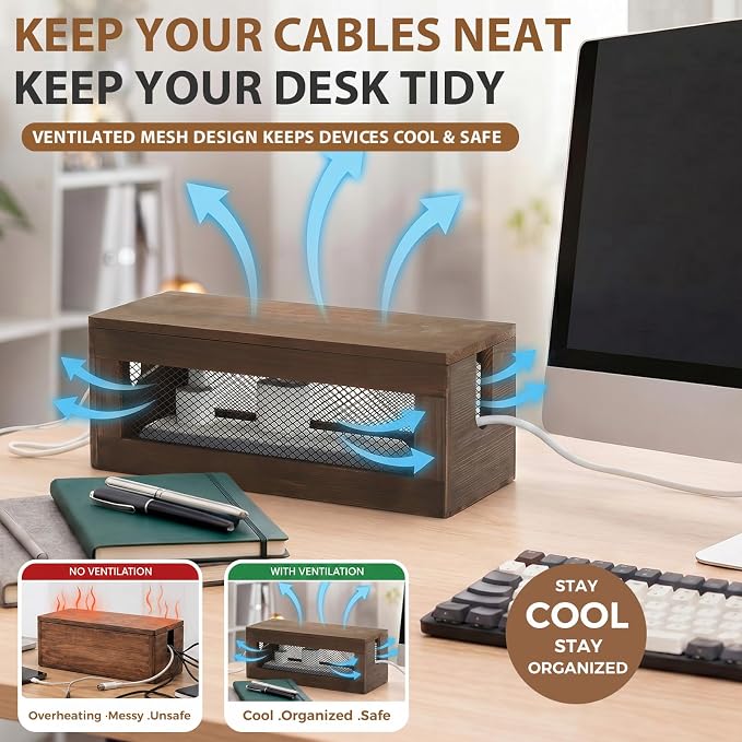 Chunful 13 Inch Cable Management Box, Wood Cord Hider Organizer with Magnetic Lid & Organizer for Power Strip, TV Wires & Desk Cable Storage, Ventilation Hide Floor Cables