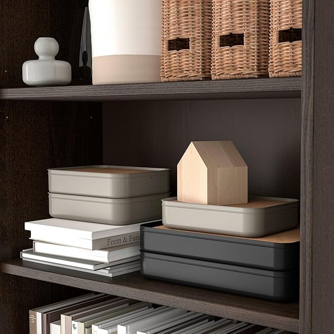 Desktop Storage Box with Cork Lid, 9.5 x 7 x 2.25 inches, Fixed Compartments, Dark Gray-Beige, set of 2