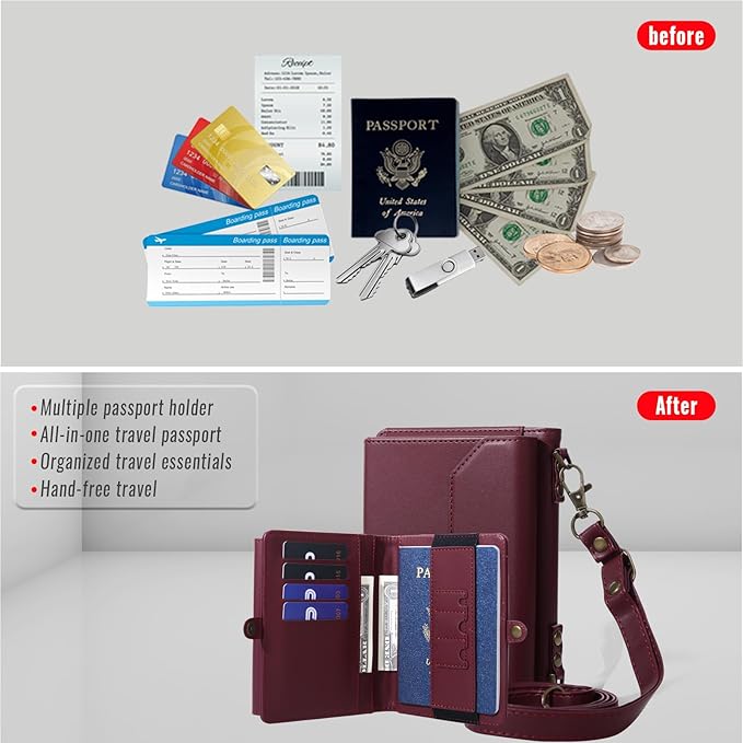 ASAPDOS RFID Blocking Family Passport Holder Wallet,Hold 2-3 Passports for Travel with Credit Card Slots & Wrist Crossbody Strap Red