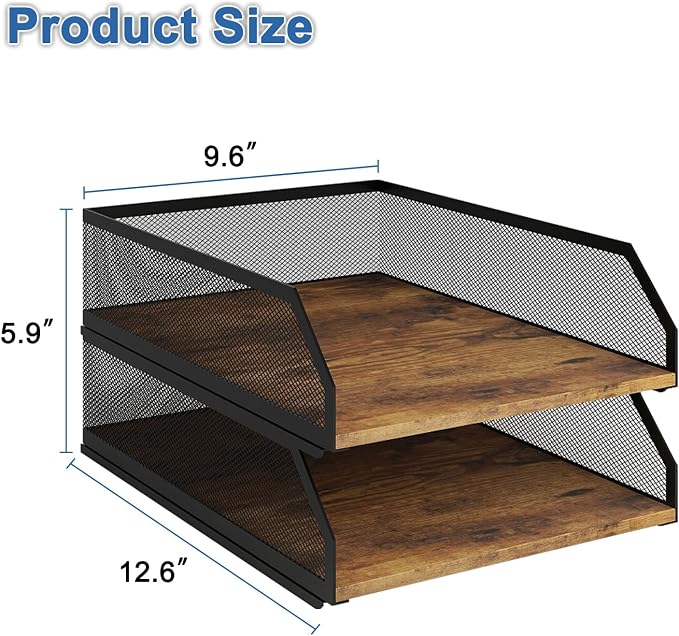 Natwind 2-Tier Stackable Metal Mesh Paper Organizer with Sliding Tray,Retro | Wooden Desk Organizer, Letter Tray For Desktop,File Holder For Home Office School Classroom Organization