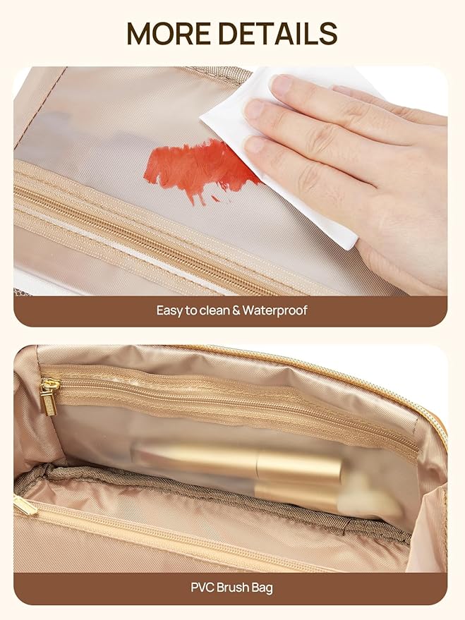 Telena Leather Make Up Bag Portable Travel Makeup Bag Waterproof Cosmetic Bags for Women Large Capacity With Handle and Divider Open Lay Flat