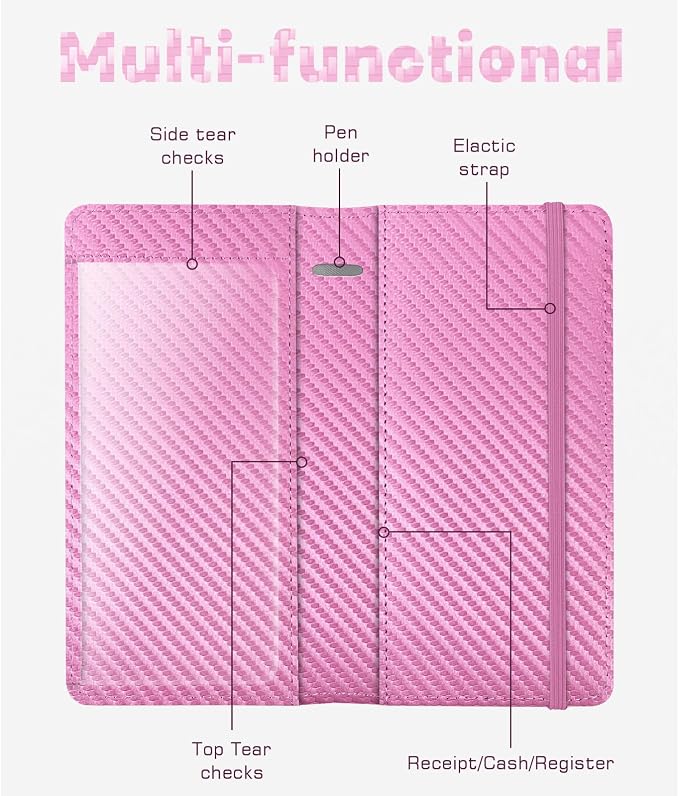 Checkbook Cover for Men Women, Premium Leather Checkbook Holder with RFID Blocking and Built in Clear Plastic Divider for Personal and Business Checks (Pink Carbon)