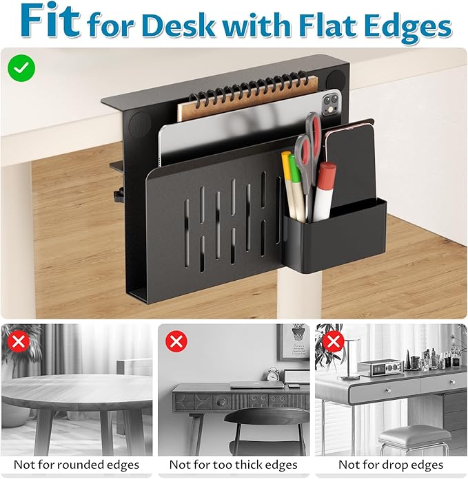 Onemake Desk Side Storage, No Drill Laptop Holder, Clamp on Desks Shelf with Magnetic Pen Holder, Hanging Desk Organizer for Home Office, Fits Flat Edge Tables 0.4" to 2.3"