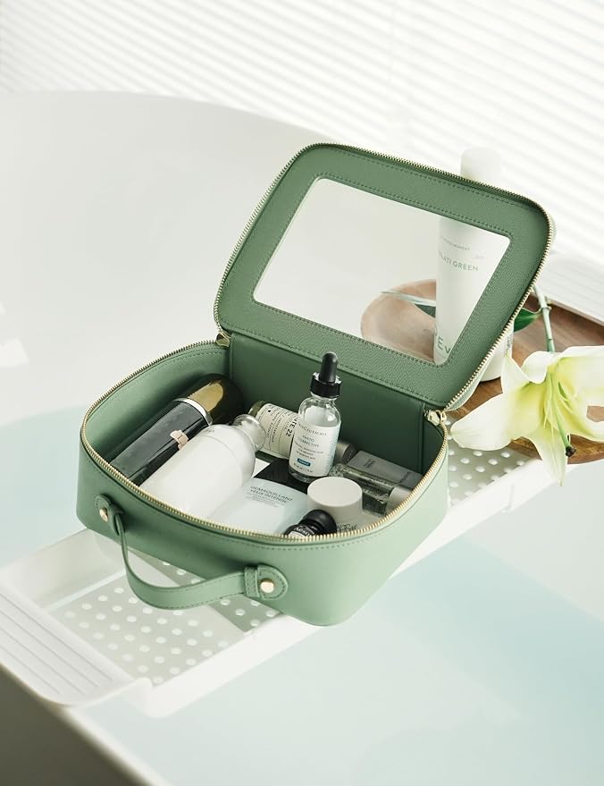 Popvibe Clear Makeup Bag Travel Cosmetic Case Transparent Toiletry Bag with Zipper, Portable Make Up Organizer Traveling Compact Car Bag for Essentials, Sage Green, Large