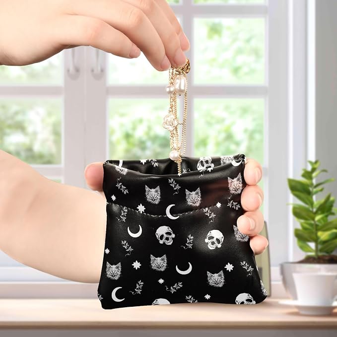 Gothic Moon Skull Cat Women's Waterproof PU Leather Coin Purse, Slim Travel Wallet with Zipper - Compact Card Holder & Jewelry Organizer for Cash, Keys, Lipstick