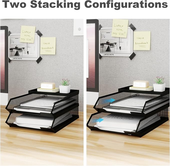 Natwind 2-Tier Stackable Metal Mesh Paper Organizer with Sliding Tray,Black | Desk Organizer for Office Supplies, Letter Tray For Desktop,File Holder For Home School Classroom Organization