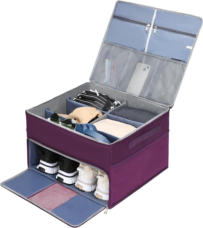 Golf Trunk Organizer for Golf Shoes Clothes Gloves Hats Large Collapsible Golf Storage Box with 4 Dividers Water-Resistant Golf Shoe Bag for 2 Pair of Shoes Golfing Accessories for Men Women Golfers