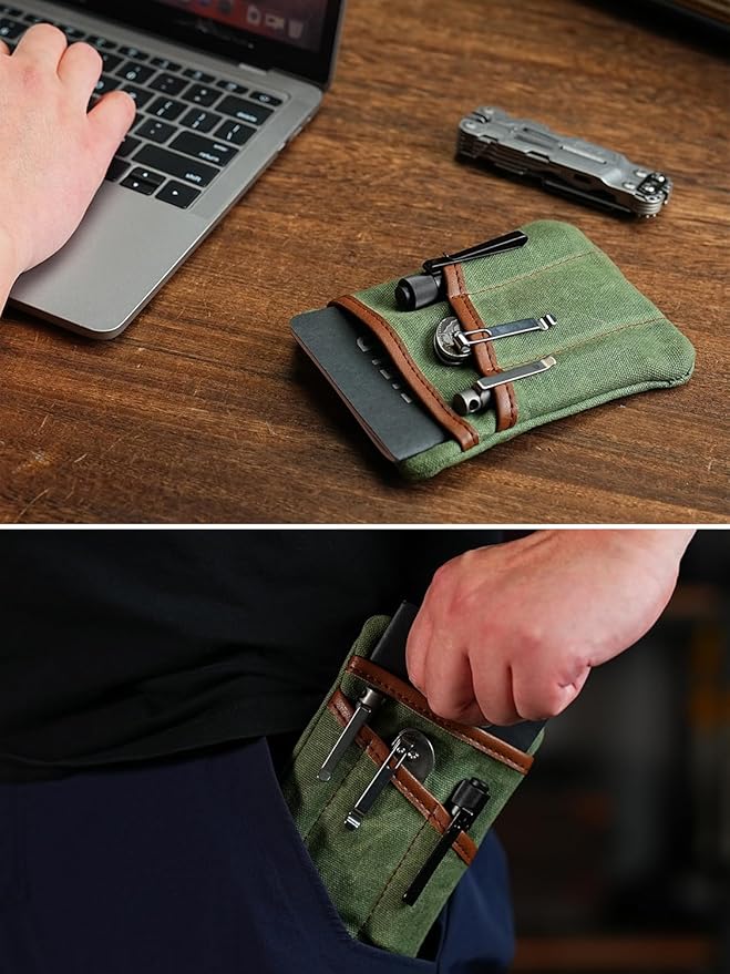 Sayram SP6 EDC Pouch, Waxed Canvas Compact Pocket Organizer, EDC Pocket Pouch for Men, Zippered Pocket Pouch, Mini EDC Organizer for Everyday Carry, Multitool Organizer Pouch (Oil Wax Green)