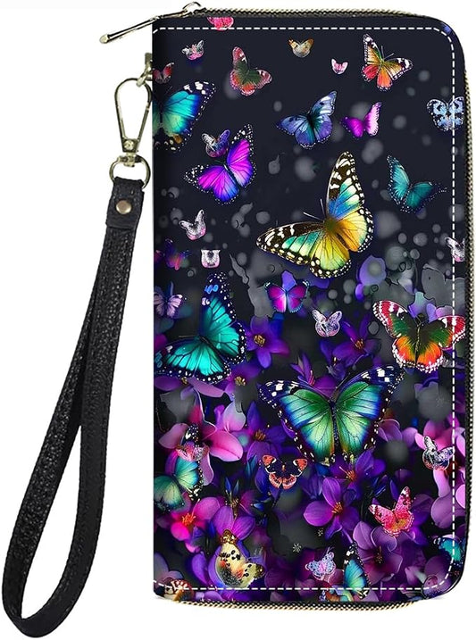 Women's Large Capacity Wallet PU Leather Zip Around Clutch Purse Multifunctional Wallet with Removable Wristlet Strap for Smart Phone/Coin/Card/Cash, Colorful Butterfly